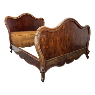 Antique French Style Mahogany Double Bed Frame with Carved Headboard For Sale