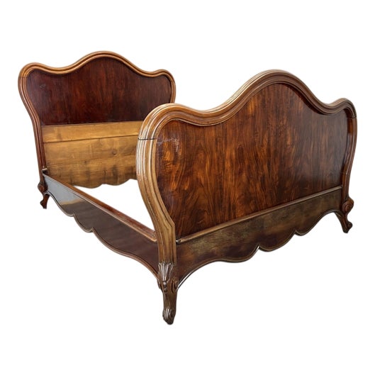 Antique French Style Mahogany Double Bed Frame with Carved Headboard For Sale