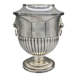 Antique English Silver Plate Champagne Bucket | Lion Mask Ring Handles | Hand Chased | Regency Style | Made in England For Sale