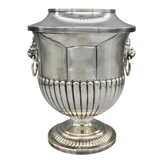 Antique English Silver Plate Champagne Bucket | Lion Mask Ring Handles | Hand Chased | Regency Style | Made in England For Sale