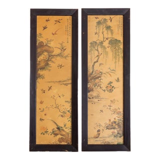 Pair of 1960s Chinoiserie Printed Paper Panels With Asian Bird Motif For Sale