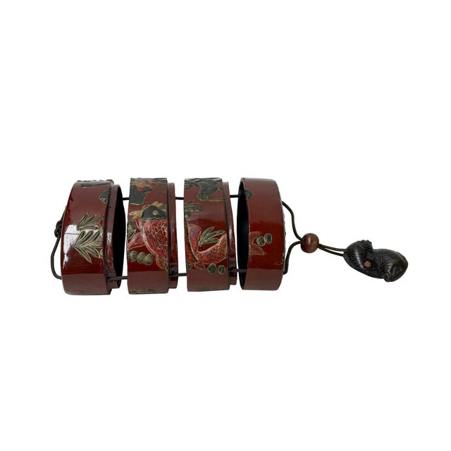 Brick Red Vintage Red Lacquer Inro Koi Fishes Netsuke Wood Stack Case Deco For Sale - Image 8 of 11