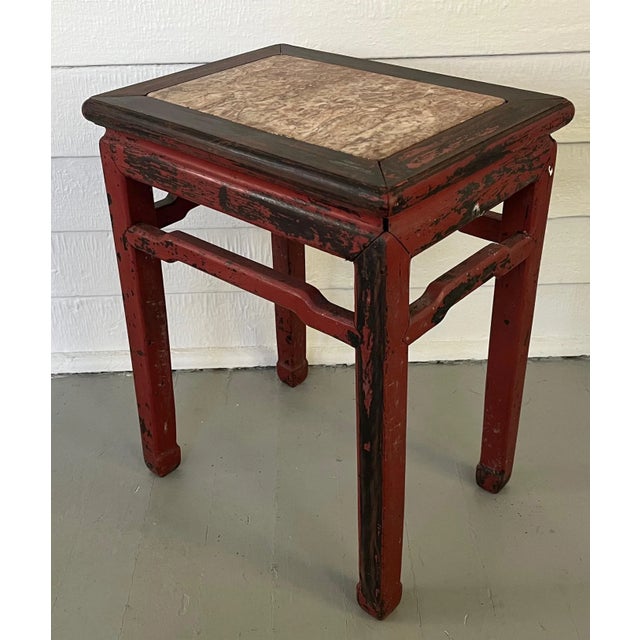 Chinoiserie Antique 19th Century Chinese Hard Wood Small Table or Stool With Marble Insert For Sale - Image 3 of 11