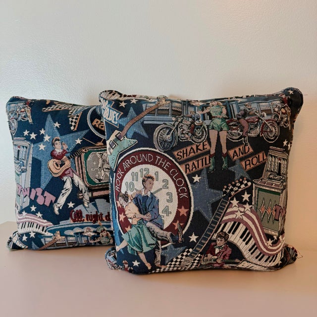 Vintage Rockabilly Retro Music Tapestry Pillows, a Pair For Sale - Image 9 of 9