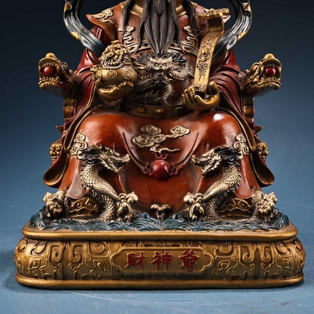 Metal Large Vintage Gilt Bronze God of Wealth Statue - Chinese Caishen Sculpture With Polychrome For Sale - Image 7 of 10