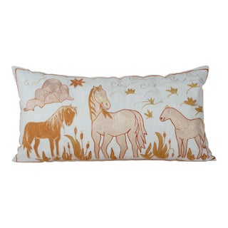 Embroidered Horse Pictorial Suzani Pillow Cover 18'' X 34'' For Sale