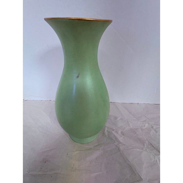 Mid 20th Century Vintage Fürstenberg West Germany Celadon Porcelain Bud Vase With Raised Gilt Floral Cartouche Victorian Revival Hollywood Regency Style For Sale - Image 5 of 9