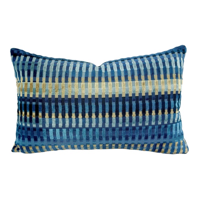 Lee Jofa Picket in Night Sky Lumbar Pillow Cover -Blue Stripe Velvet For Sale