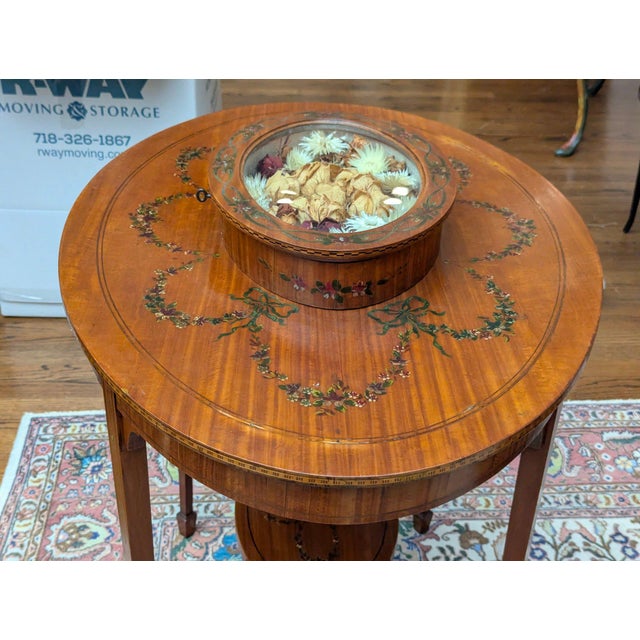 Unique Edwardian Antique Satinwood 2-Tier Parlour Side Table W/ Hand Painted Floral Garlands & Center Display For Sale - Image 4 of 9
