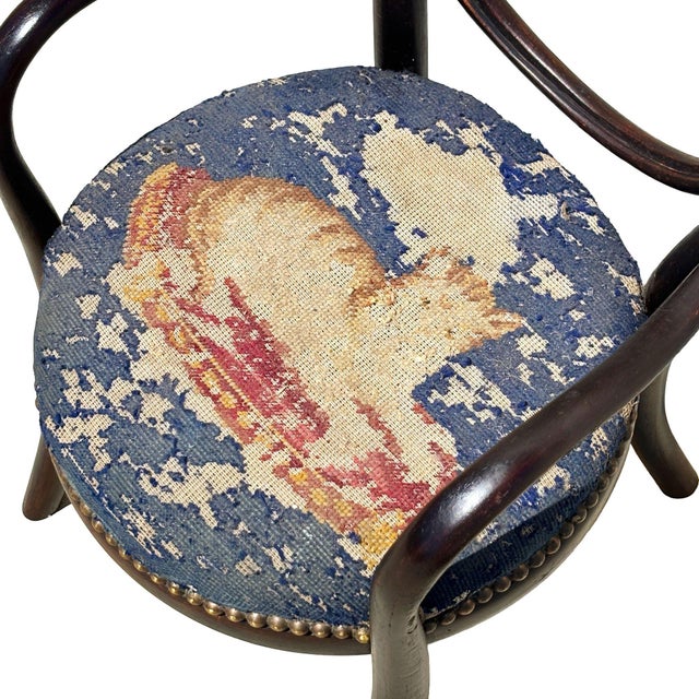 Wood Antique Vienna Secession Bent Oak Armchair W/ Cat Needlepoint Seat by Thonet No.015 For Sale - Image 7 of 8