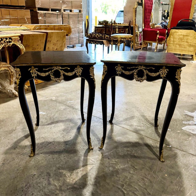 Pair Italian Style Black Side Tables Set With Bronze Details For Sale - Image 4 of 9