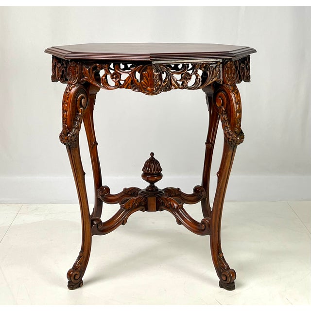Rococo Revival Carved Walnut & Burl Octagonal Accent Table For Sale - Image 9 of 16