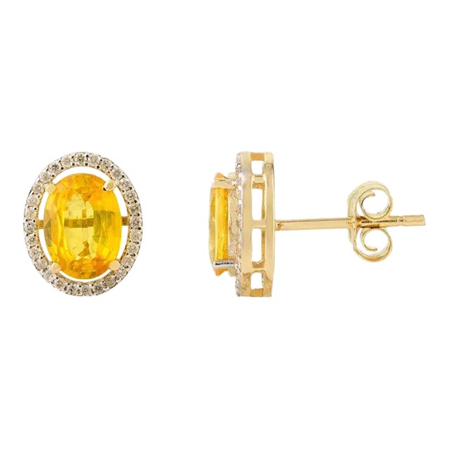 1.92carats Natural Yellow Sapphire Stud Earrings With Diamonds in 14k Gold- A Pair For Sale - Image 4 of 10