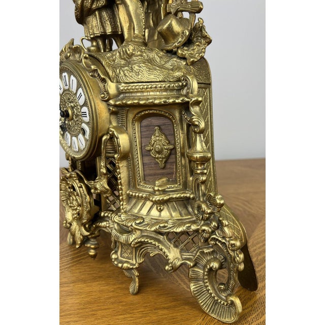 Vintage French Brass Ornate Romantic Couple Mantel Clock For Sale - Image 12 of 16