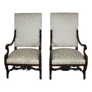 Antique French Louis XIV Style Carved Walnut Ivory White Arm Chairs - Set of 2 For Sale