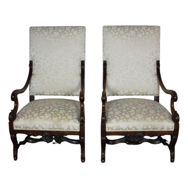 Antique French Louis XIV Style Carved Walnut Ivory White Arm Chairs - Set of 2 For Sale
