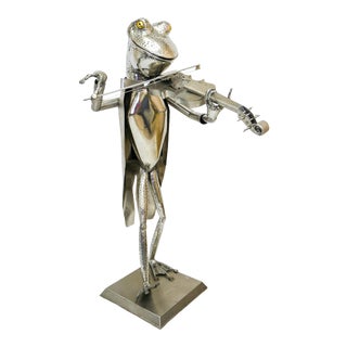 "Frog Violinist" Folk Art Metal Sculpture by James Sauer For Sale