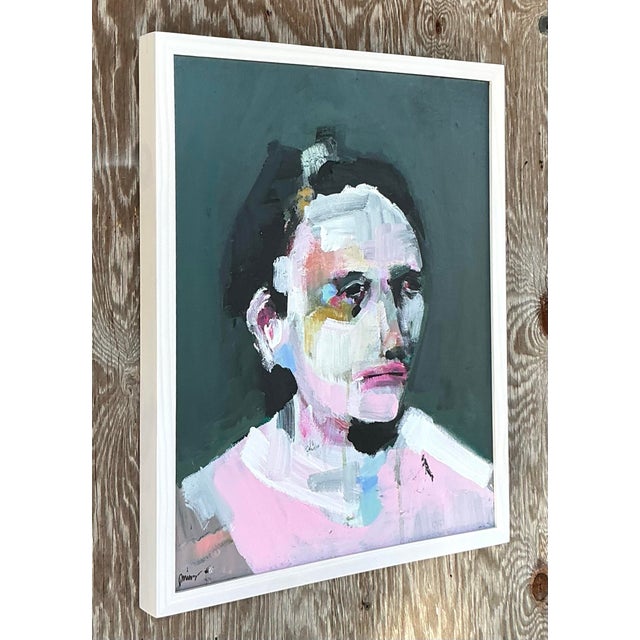 Wood Vintage Boho Original Abstract Expressionist Oil Portrait on Canvas For Sale - Image 7 of 11