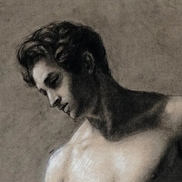 Antique French Academic Male Nude Portrait Study Charcoal Life Drawing For Sale - Image 4 of 6