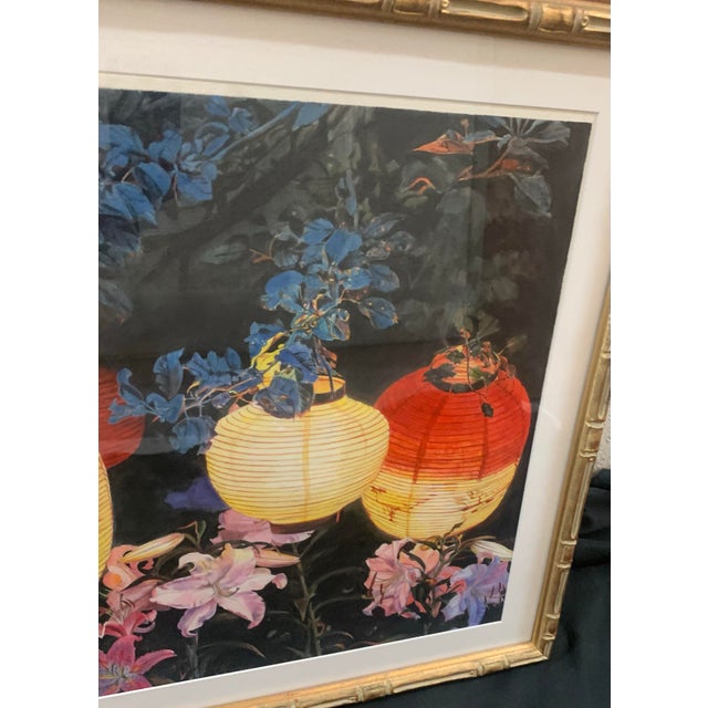 1990s Susan Arnold Signed Original Watercolor Painting Chinoiserie Lilies and Glowing Paper Lanterns in Faux Bamboo Frame For Sale - Image 4 of 6