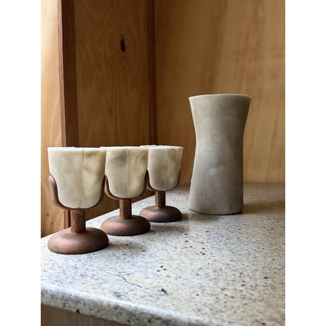 Vintage Brutalist Barware Set with Hand-Molded Capa Carafe and Vessels with Copper Bases, Set of 4 For Sale - Image 10 of 12