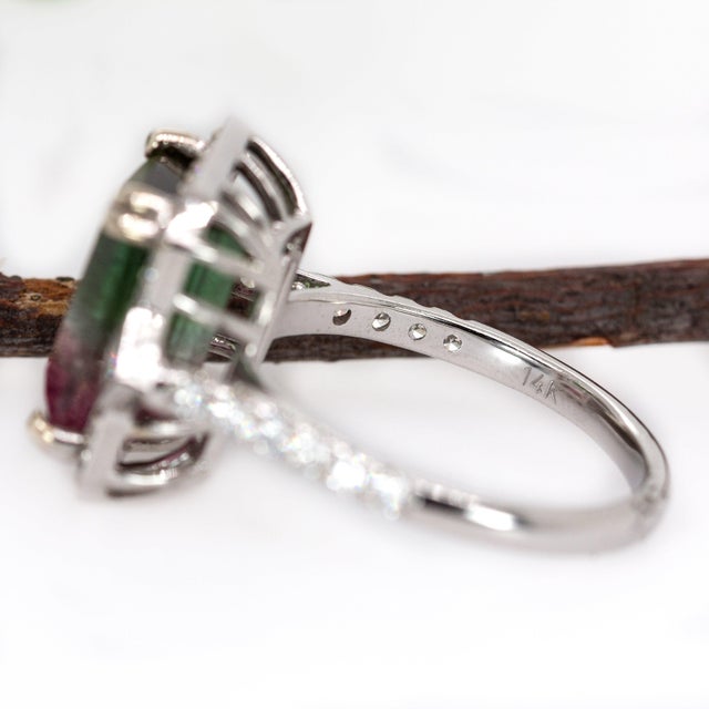 Metal 5.37Ct Watermelon Tourmaline Ring With Natural Diamonds in Solid 14k Gold, Size 6.75 For Sale - Image 7 of 7