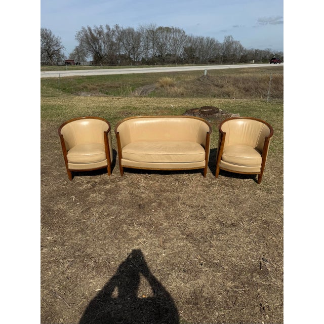 1940s French Art Deco Leather Solid Mahogany Barrel Back Club Chairs and Settees - A Set of 3 Piece For Sale - Image 4 of 17