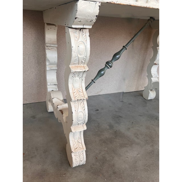 19th White Painted White Country Lyre Legs Large Console or Center Table For Sale - Image 12 of 13
