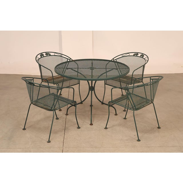 High Quality Wrought Iron Lattice Round Patio Table And Four Chairs Dining Set. Style of Woodard Mesh Expanded Metal Table...