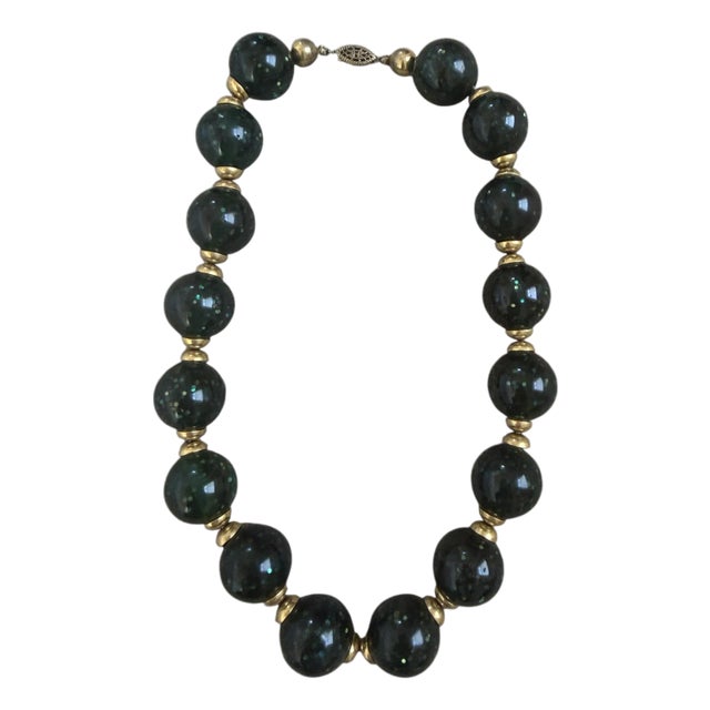 Mid 20th Century Confetti Beaded Dark Green Lucite Necklace For Sale