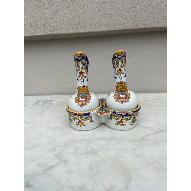 Set of French Faience Oil & Vinegar Pitcher & Holder Desvres.