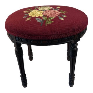 Vintage French Stool With Burgandy Needlepoint Upholstery For Sale