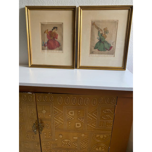 pair of Asian prints of figures signed numbered Limited edition, 75, vintage or antique