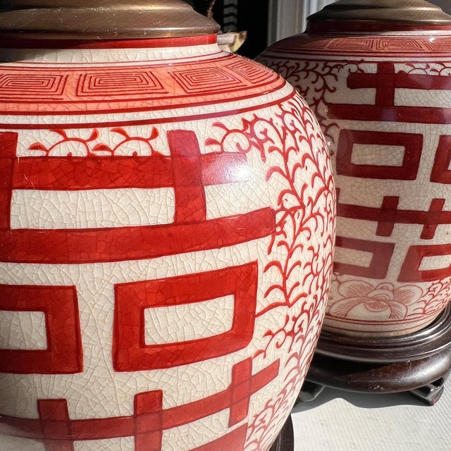 Mid 20th Century Chinese Red Double Happiness Porcelain Ginger Jar Lamps - a Pair For Sale - Image 14 of 15