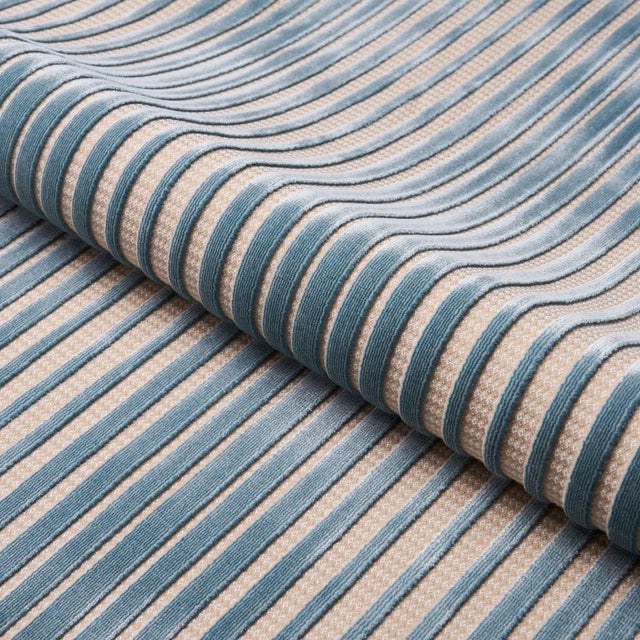 Schumacher Chimay Stripe Velvet Fabric in Ciel For Sale