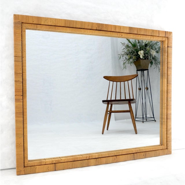 Wood Large 36x44 c1970s Rectangle Rattan Cane Bamboo Frame Wall Mirror MINT For Sale - Image 7 of 15
