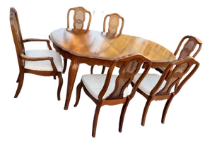 Late 20th Century Attributed to Bassett Chalons Collection Sequoia Cherry Dining Set With Cane-Back Chairs, Extension Leaf & Custom Table Pads