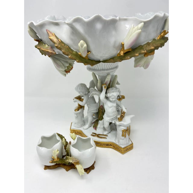 Ceramic Antique Cherubs Centerpiece Compote With Small Vase Moore Brothers British For Sale - Image 7 of 13