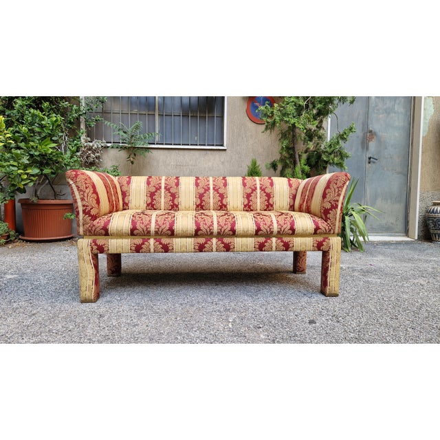 Mid-Century Modern Two-Seater Sofa with Floral Fabric with Decorative Brass Edges, 1980s For Sale - Image 3 of 17