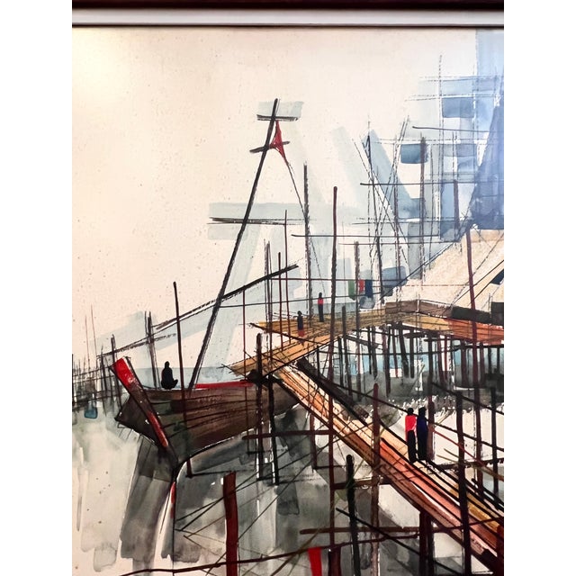 1960s Mid-Century Modern Thai Fishing Village Original Watercolor Painting by Sanga Mukmanee - Framed For Sale In Salt Lake City - Image 6 of 15