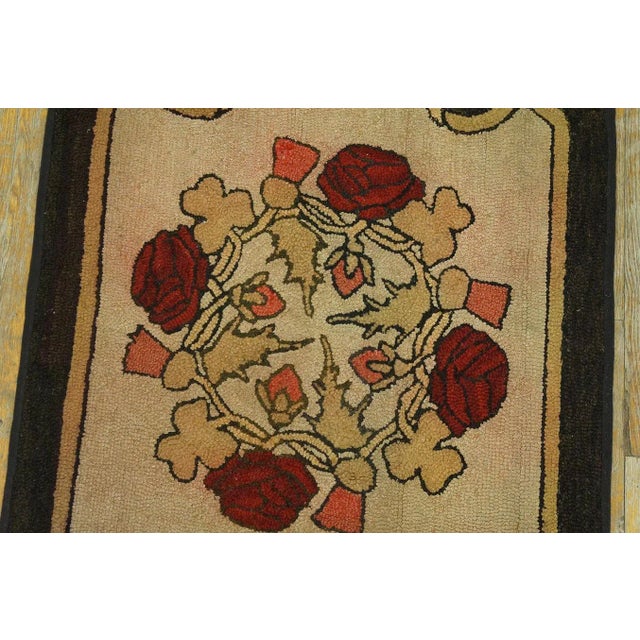 Burnt Umber 1920s Folk Art Beige Medallion Roses Antique American Hooked Rug For Sale - Image 8 of 11