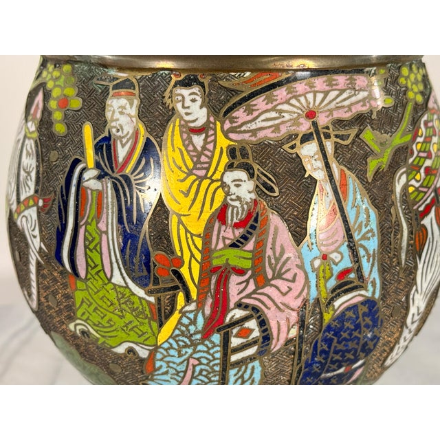 Mid 20th Century Chinese Cloisonne Brass Vase Table Lamp With Figural and White Elephant Decoration For Sale - Image 4 of 15