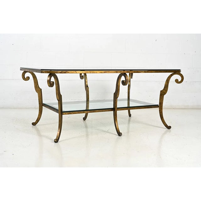 Metal 1970s Oversized Hollywood Regency Gilt Iron Two-Tier Glass Coffee Table For Sale - Image 7 of 13