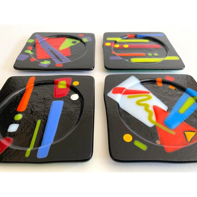 Various Artists Vintage 1980's Postmodern Studio Fused Art Glass Multicolor Abstract Coasters - Set of 4 For Sale - Image 4 of 12