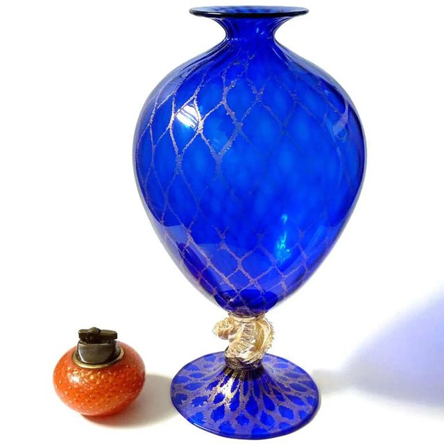 Elegant and large, vintage Murano hand blown rich sapphire blue and gold flecks diamond design Italian art glass flower...