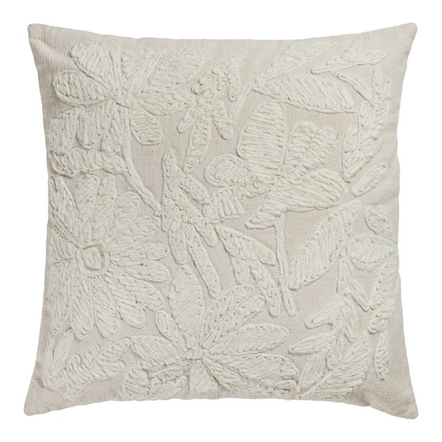 Tabitha Embroidered Flower 20" Throw Pillow, Cream For Sale