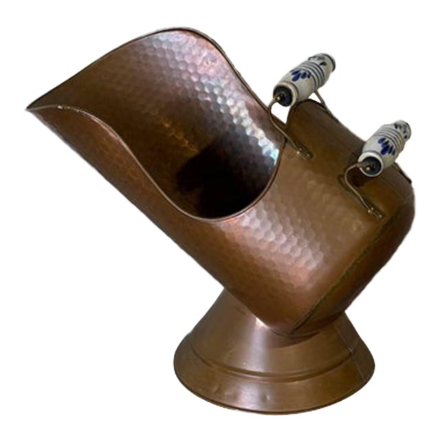 Hammered Copper Firewood Holder With Ceramic Handles Vintage Mid-Century Modern 1960s For Sale