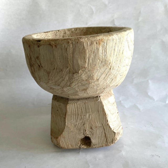 Antique Indian Hand-Carved Wood Ukhali Grinder Pot Primitive Rustic Vessel 7.75" For Sale - Image 4 of 6