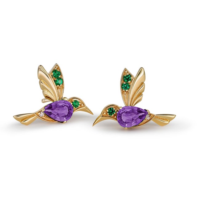 14k Gold Hummingbird Earrings Studs With Amethysts, A Pair For Sale - Image 4 of 6