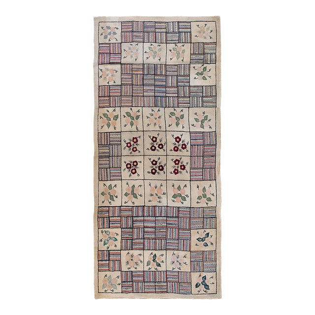 Remarkable Beige Color With Geometric and Floral Design Vintage American Hooked Rug For Sale